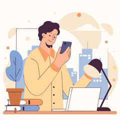 Poster - A young european man is using a smartphone while sitting at a desk with a laptop, surrounded by plants and cityscape elements.