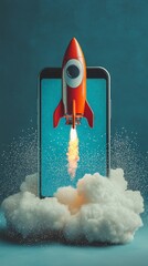 Poster - A vibrant rocket emerges from a smartphone screen, symbolizing innovation and technology, surrounded by clouds of vapor, evoking a sense of excitement and exploration.