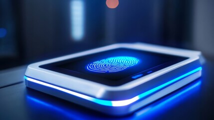 Poster - High-tech fingerprint scanner on a sleek surface with blue lighting in a modern setting