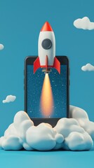 Poster - A colorful rocket appears to launch from a smartphone screen, surrounded by fluffy clouds, embodying the intersection of technology and human aspiration into the future.