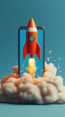 Poster - A vibrant rocket bursts from a mobile screen, showcasing the blend of technology and imagination, inviting viewers to explore new horizons through digital innovation.