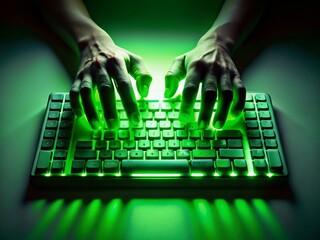 Poster - Silhouette of Hands on Keyboard Pressing Green Replay Button
