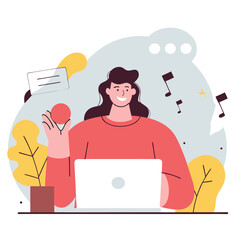 Poster - a young woman of european descent is working on a laptop in a modern and colorful workspace, surroun