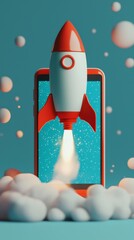 Poster - The image artfully depicts a stylized rocket launching from the screen of a phone, embodying dreams, technology, and an expansive journey into the realm of imagination.