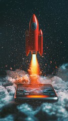 Poster - An explosive rocket launch from a smartphone display captures the essence of innovation, ambition, and the limitless potential that modern technology offers to humanity.
