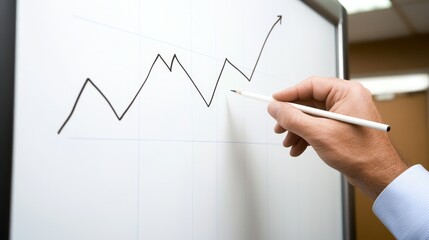  - Business professional analyzing growth trends on a whiteboard in a modern office setting