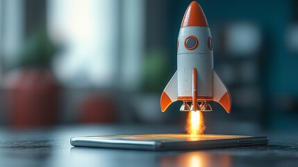 Poster - A miniature rocket taking off from a smartphone, highlighting the intersection of technology and imagination in a visually engaging and playful manner.