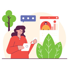 Poster - A woman with light skin is engaged in browsing online content on her smartphone amidst vibrant plants and chat bubbles.
