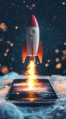 Poster - A striking image of a rocket powered by energetic flames taking off from a smartphone, set against a cosmic backdrop, conveying a sense of innovation and adventure.