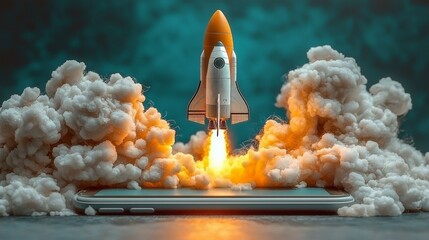 Poster - A mesmerizing image of a rocket erupting from a smartphone, surrounded by swirling clouds, symbolizing the fusion of technology and human aspirations toward the cosmos.