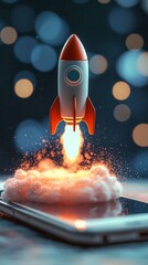 Poster - This image captures a vibrant rocket lifting off from a smartphone surrounded by colorful smoke, symbolizing innovation and the merging of technology with adventure.