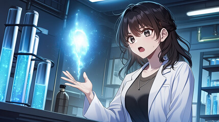 Wall Mural - Woman in lab coat holding a glass with chibi anime scientist looking at tiny floating object in a laboratory setting