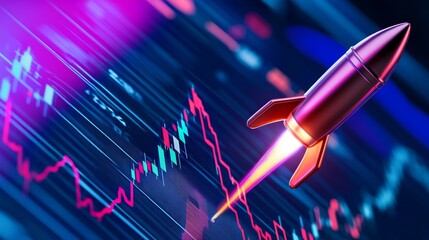 Poster - Rocket launching upwards with vibrant color against a digital stock market graph background