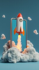 Poster - This captivating artwork showcases a vibrant rocket blasting off from a mobile phone against a backdrop of fluffy clouds, embodying aspiration and technological advancement.