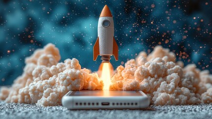 Poster - A whimsical scene showing a rocket soaring above a smartphone's screen, emitting clouds and flame, representing the fusion of technology and aspiration.