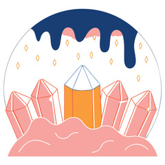 Poster - An artistic representation of crystals in various geometric shapes, with colorful dripping elements around them, conveying a whimsical vibe.