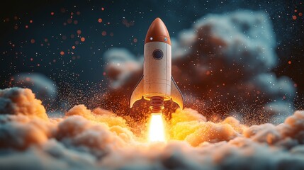 Poster - This creative image depicts a rocket launching from a phone, surrounded by a burning cloud, embodying the spirit of adventure and technological advancement.