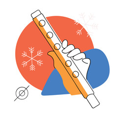 Poster - An artistic depiction of a hand holding a flute, surrounded by circular designs and snowflakes. A blend of colors on a black background.