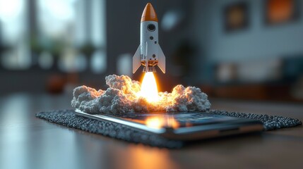 Poster - An artistic rocket ascends from a mobile device, enveloped by fluffy clouds, representing the evolution of technology and the limitless possibilities of human creativity.