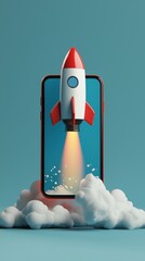 Poster - A striking image showing a vibrant rocket escaping from a phone screen, amidst a backdrop of soft clouds, illustrating the merging of technology and creativity.