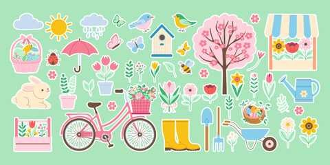 Wall Mural - a collection of stickers with spring various items such as a bicycle, a birdhouse, and a bird