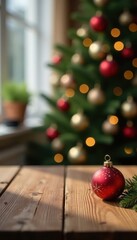 Wall Mural - Clean empty wooden table against soft Christmas bokeh Ideal for showcasing items , celebration, winter