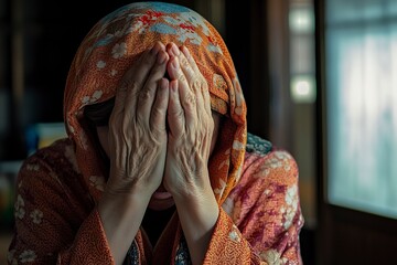 Wall Mural - A Japanese mother is covering her head with her hands, in the room of her home, in a stock photo shoot. The photography is high resolution, with professional color grading, soft shadows, low contrast,