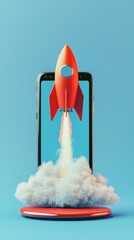 Poster - A striking visualization of a vibrant red rocket launching out of a mobile phone, creating a sense of excitement and energy that encapsulates technological advancements today.