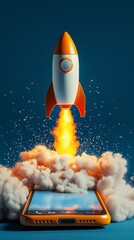 Poster - A vibrant image of a rocket taking off from a smartphone, surrounded by clouds of vapor that mimic the energy of a launch, symbolizing innovation and technology blending.