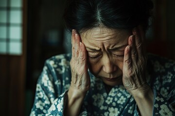 Wall Mural - A Japanese mother is covering her head with her hands, in the room of her home, in a stock photo shoot. The photography is high resolution, with professional color grading, soft shadows, low contrast,