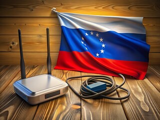 Poster - Slovenian Internet Connectivity: Flag, Router, Cables & Adapters on Table