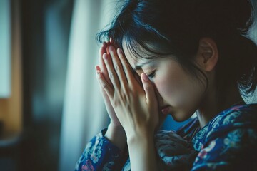 Wall Mural - A Japanese mother is covering her head with her hands, in the room of her home, in a stock photo shoot. The photography is high resolution, with professional color grading, soft shadows, low contrast,