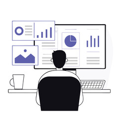 Poster - A person engaged in data analysis sits at a desk with visual graphs on a monitor. The style is modern with a vectorized, flat design that emphasizes analytics.