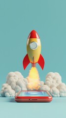 Poster - A vibrant and colorful image showcasing a rocket launching from a phone screen, creating a magical atmosphere that emphasizes the innovation and excitement of technology today.