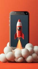 Poster - A bold, red rocket takes off from a mobile screen, surrounded by a unique display of circular shapes, highlighting themes of modernity and creative expression.