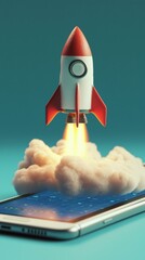 Poster - This image shows a whimsical rocket taking off from a smartphone with colorful clouds, representing the fusion of technology and innovation in a playful manner.