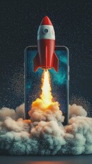 Poster - A captivating image of a rocket launching from a smartphone, set against a mesmerizing cosmic background, highlighting the endless possibilities of digital exploration.