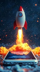 Poster - This eye-catching image features a rocket launching from a smartphone with bright flames and clouds, illustrating a fusion of imagination and technology in a playful way.