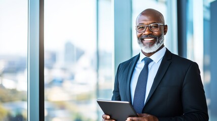 Poster - Confident businessman holding a tablet, smiling in a modern office with a city view