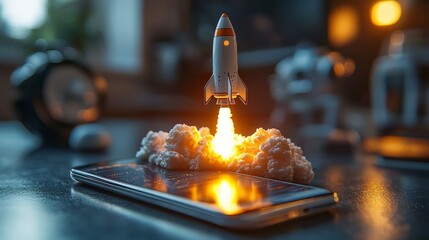 Poster - A dynamic rocket propelling upwards from a smartphone amid clouds, showcasing the relationship between technology and mankind's quest for the stars and innovation.