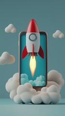 Poster - A vibrant depiction of a rocket launching from a smartphone, symbolizing innovation and growth. The vibrant colors and dynamic elements create an engaging visual experience.