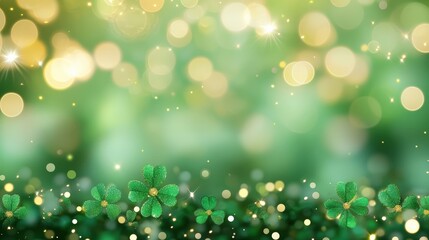 Poster - a soft, shimmering background of green hues and golden bokeh, evoking a festive and cheerful atmosph