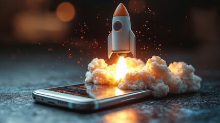 Fototapete - This captivating image depicts a colorful rocket ascending from a mobile device, symbolizing creativity and the endless possibilities of technology in our lives.