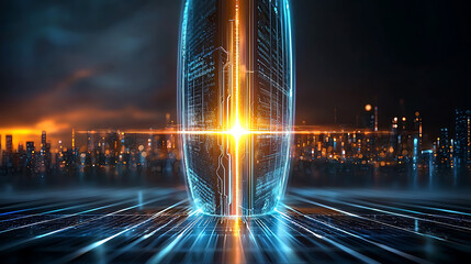 Poster - Futuristic energy portal ignites urban landscape digital art nighttime high-tech concept