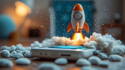 Poster - A whimsical image captures a rocket launching from a smartphone screen, enveloped in clouds, signifying the fusion of technology and imagination in a delightful way.