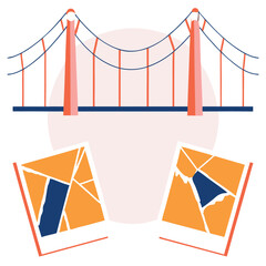 Poster - A creative flat design of a bridge in a vector style, accompanied by abstract representations of shattered glass. Artistic, modern and colorful.