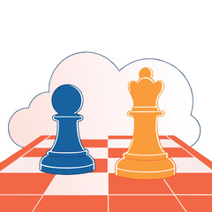 Poster - An abstract representation of chess pieces featuring a brown pawn and a blue queen on a stylized board, set against a dramatic background.