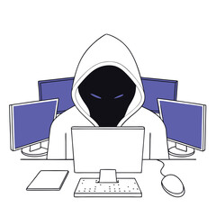 Poster - A mysterious hacker in a hoodie is focused on multiple computer screens, representing a high-tech digital world. The style is a vector illustration.