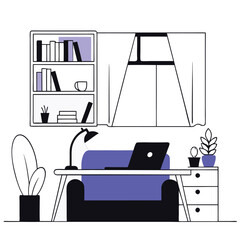 Poster - This image features a stylish workspace with a laptop, bookshelves, and decorative plants, embodying a minimalist aesthetic.