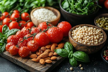 Close-up of a delicious and healthy vegetarian meal served on a wooden plate, fresh vegetables, nuts, and grains arranged aesthetically, soft natural light and vibrant colors